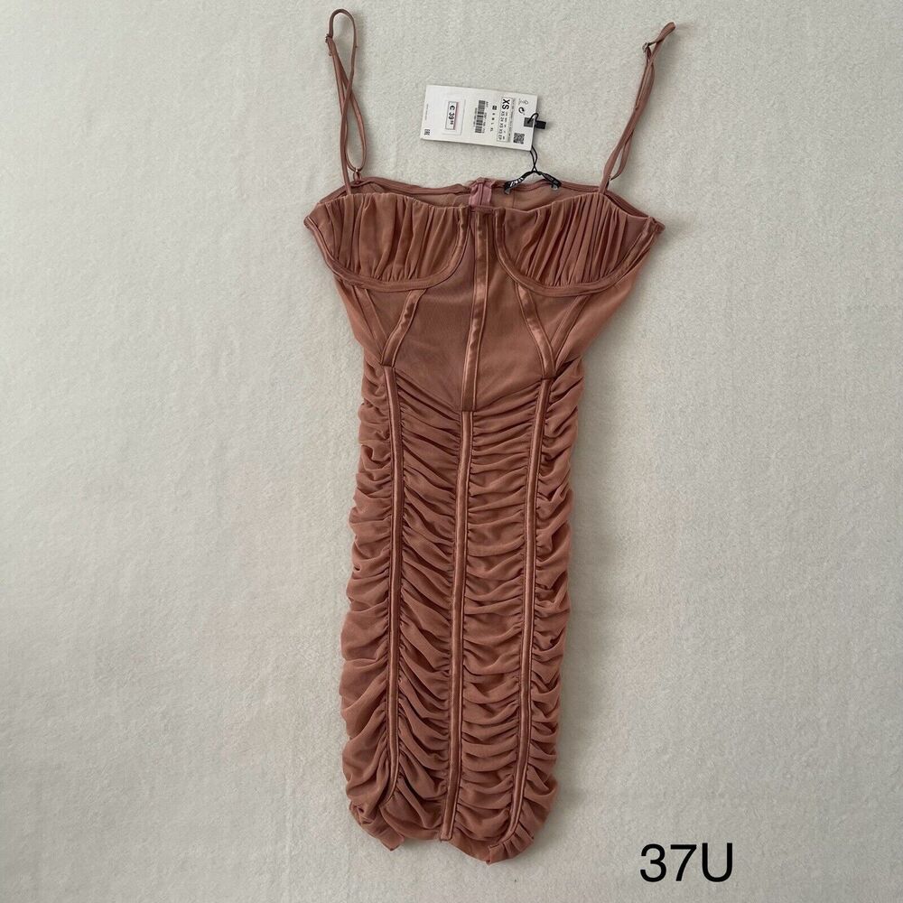 NWT‎ ZARA RUCHED TULLE CORSET MINI DRESS Sz XS Champagne Dusty Rose